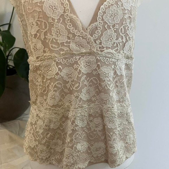 Lace Layered Y2K Double V Tiered Cream Cami Tank Babydoll Cut - Picture 4 of 8